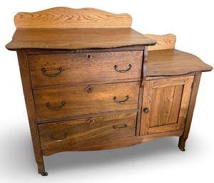 Antique Oak Washstand  Commode with Drawers & Cabinet