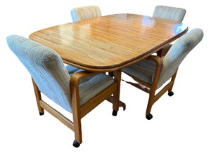 Vintage Wood Dining Table & 4 Upholstered Rolling Chairs