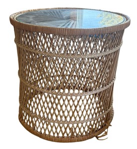 Vintage Woven RattanWicker Round Side Table with Glass Top