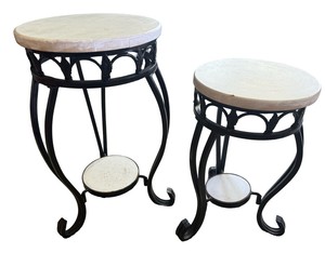 Pair of Metal Plant Stands with Faux Marble Tops