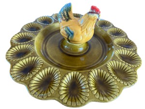 Vintage CALIF USA Ceramic Rooster Deviled Egg Platter  Avocado Green
