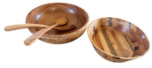 Vintage Wooden Salad Bowls with Serving Utensils