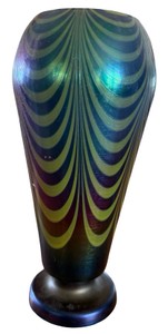 Iridescent Art Glass Vase with Pulled Feather Design