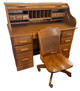 Roll-Top Style Wood Secretary Desk with Chair