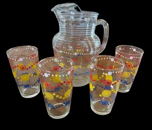 Vintage Hand-Painted Glass Lemonade Pitcher & 4 Tumblers