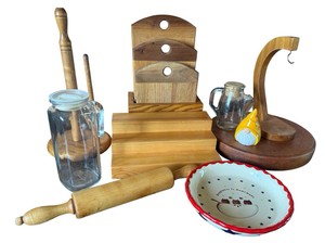 Kitchen & Woodware Lot  Rolling Pin, Cutting Boards, Glassware & More