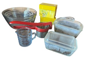 Vintage Kitchen Lot  Glass Baking Dishes, Mixing Bowls, Measuring Cup & More