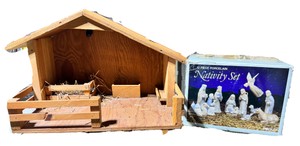 Wooden Nativity Stable with 12-Piece Porcelain Nativity Set