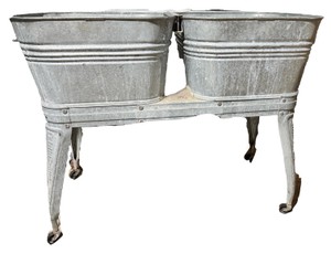 Vintage Galvanized Double Wash Tub on Rolling Stand