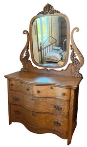 Antique Oak Serpentine Front Dresser with Ornate Mirror