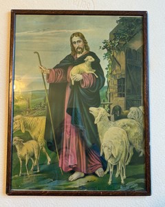 Vintage Jesus Good Shepherd Framed Religious Print with Sheep