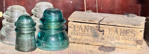 Vintage Glass Insulator Collection with Land OLakes Wooden Cheese Box