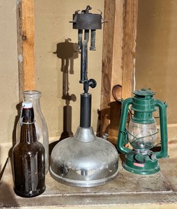 Vintage Farmhouse Lot  Green Kerosene Lantern, Hanging Light & Glass Bottles
