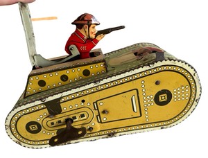 Antique 1930s Louis Marx & Co. Sparkling Doughboy Tin Litho Wind-Up Tank Toy