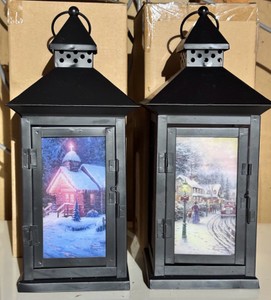 Pair of Decorative Metal Christmas Lanterns with Winter Scenes