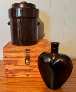 Brown Stoneware Crock, Heart-Shaped Jug & Wooden Storage Box