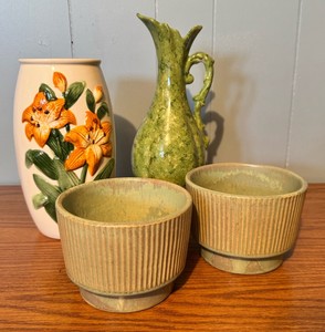 Vintage Green & Floral Pottery Collection  Vases, Pitcher & Planters  4 Pieces