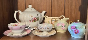 Vintage Floral China Tea Set Lot  Teapot, Creamers, Sugar Bowl & Teacups