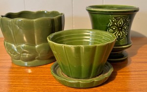 Vintage Green Glazed Ceramic Planters  Assorted Set with Saucers
