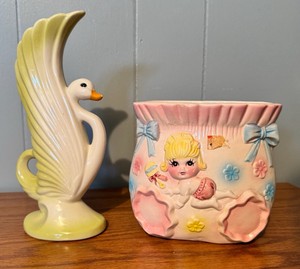 Vintage Ceramic Swan Vase & Baby Nursery Planter  Pastel Pottery Lot