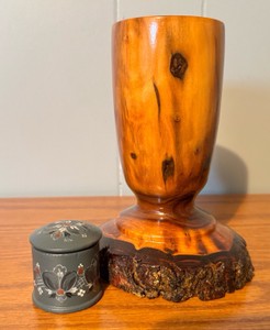 Rustic Turned Wood Vase with Natural Bark Base & Decorative Trinket Box