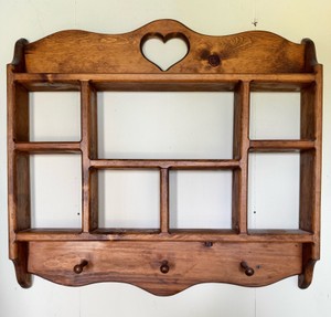 Rustic Wooden Wall Display Shelf with Heart Cutout & Peg Hooks