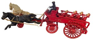 Vintage Cast Iron Horse-Drawn Fire Patrol Wagon Toy