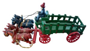 Vintage Cast Iron Horse-Drawn Farm Wagon Toy