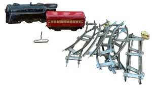 Vintage Tin Wind-Up Toy Train with Pullman Montclair Passenger Car & Tracks