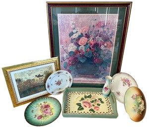 e Vintage Floral Home Dcor Lot  Framed Art, Hand-Painted Trays, Plates & Vase