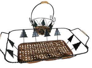 Rustic Pine Tree Metal & Woven Basket Serving Trays