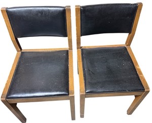 Pair of Mid-Century Modern Wood & Black Vinyl Dining Chairs