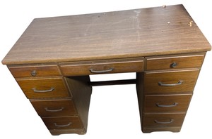 Vintage Double Pedestal Wood Desk  9 Drawer Writing Desk
