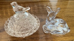Vintage Clear Glass Bird Covered Dish & Rabbit Figurine