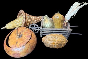 Rustic Fall Harvest Dcor Lot  Gourds, Pumpkin, Cornucopia & Cart