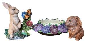 Rabbit Garden Dcor Lot  Bunny Figurines, Butterfly & Floral Planter