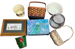 Assorted Home Dcor Lot  Baskets, Peacock Box, Vase & Framed Art