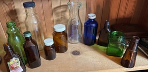 Vintage Colored Glass Bottle Collection  Amber, Green, Cobalt Blue & Clear