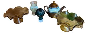 Vintage Art Glass & Decorative Glass  Amber Ruffled Bowls, Teapot & Vases