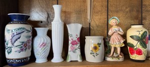 Assorted Vintage Ceramic & Porcelain Vases with Lady Figurine  Floral Dcor Lot