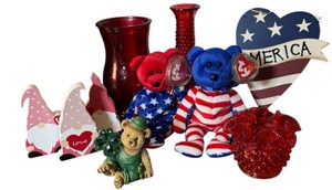 Americana & Valentine Dcor Lot  Ty Beanie Babies, Gnomes & Red Glass