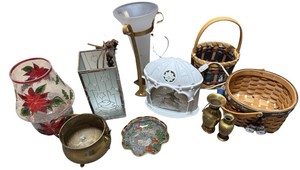 Assorted Vintage Dcor Lot  Longaberger Style Baskets, Brass & Candle Holders