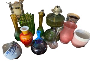 Vintage Colored Glass Vase & Oil Lamp Collection  Art Glass Assortment