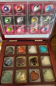 Heart-Shaped Gemstone Pendant Collection in Wooden Display Box  12 Pieces