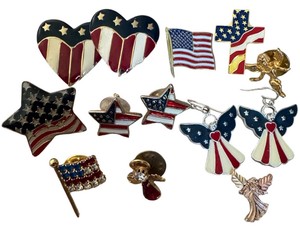 Patriotic Jewelry Lot  American Flag Pins, Earrings, Angels, Hearts & Stars
