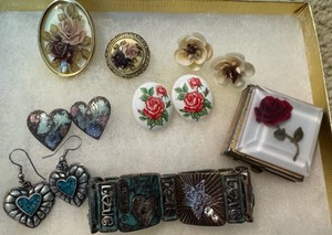 Vintage Floral & Southwestern Costume Jewelry Lot  Rose Earrings, Bracelet & Brooches