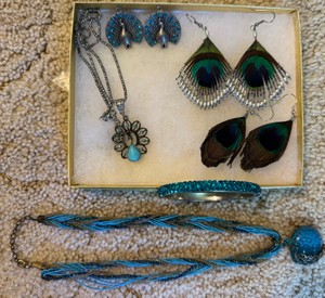 Peacock Feather & Blue Costume Jewelry Lot  Earrings, Necklace & Bracelet