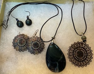 Black Statement Jewelry Lot  Teardrop & Filigree Necklace and Earrings