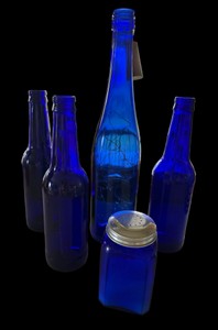 Vintage Cobalt Blue Glass Bottle Collection with Shaker  5 Pieces