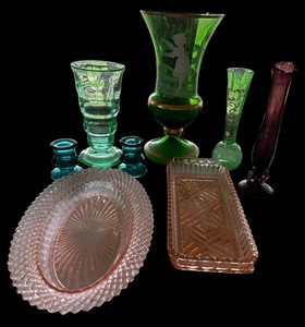 Vintage Colored Glass Collection  Green, Pink & Blue Vases and Dishes